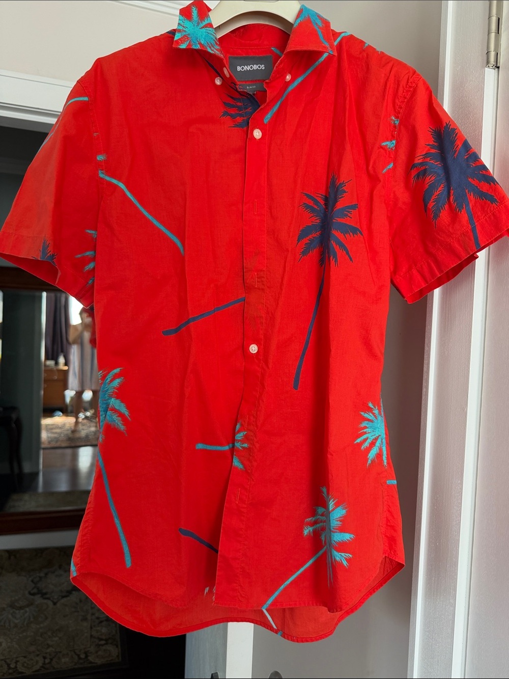 Bonobos Red Short Sleeve Palm-Print Button Down Shirt size M slim fit